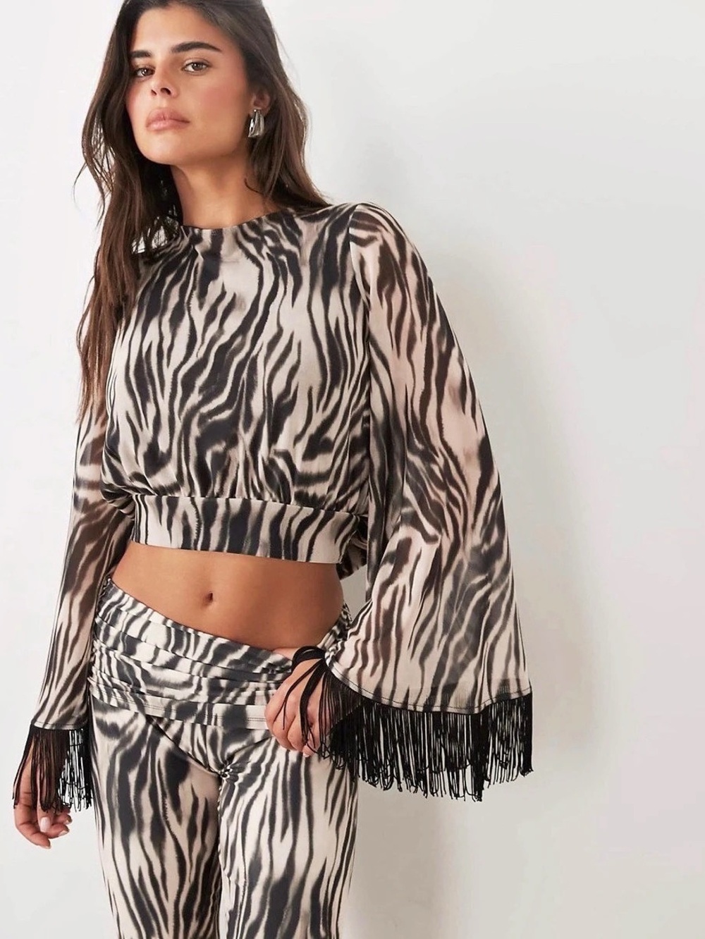 ASOS DESIGN Zebra Print Fringe Angel Sleeve Crop Top Size 4